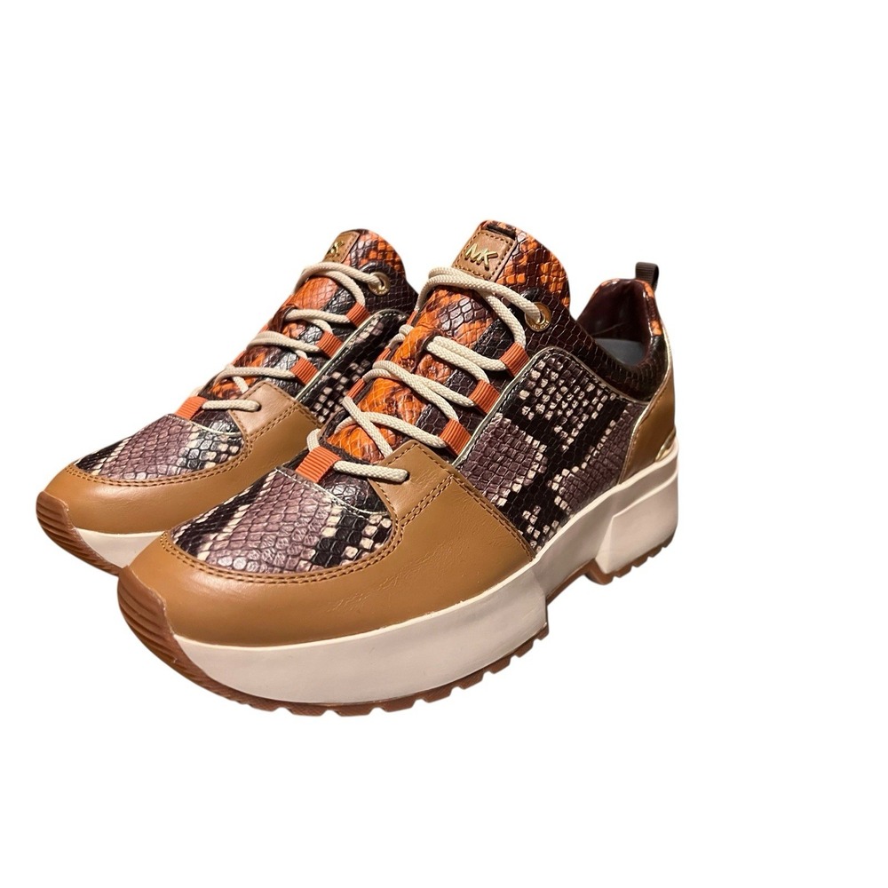 NWB Michael Kors Cosmo Woman's Sneakers Animal Snake‎ Print Brown Gold Tan Sz 9